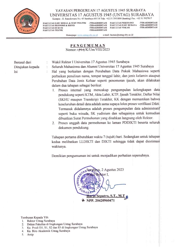 Pengumuman Proses Perubahan Data Mahasiswa dan Perubahan Data Jenis Keluar