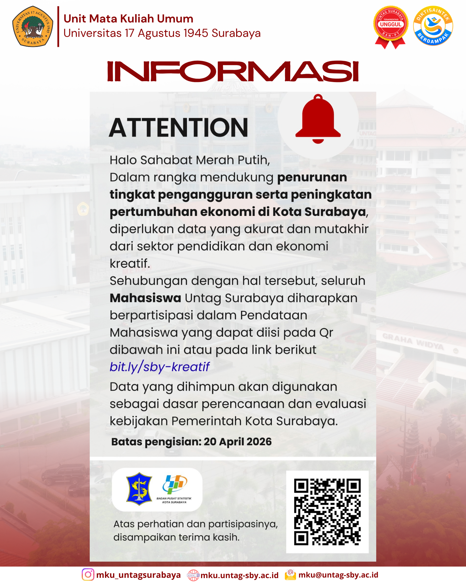 Dukung Ekonomi Kota, Mahasiswa Untag Surabaya Diimbau Berpartisipasi dalam Pendataan Sektoral