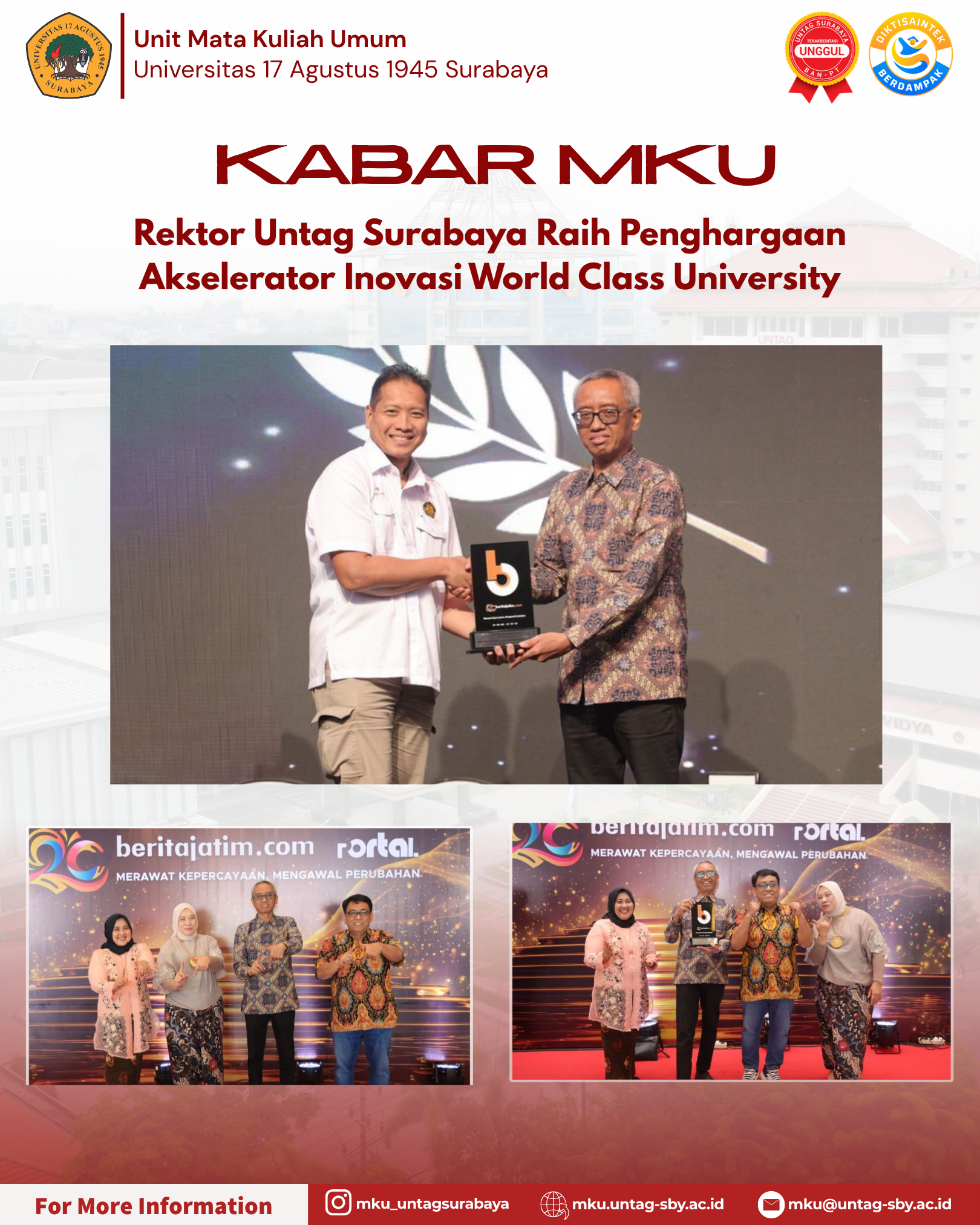 Rektor Untag Surabaya Raih Penghargaan Berita Jatim Award 2026