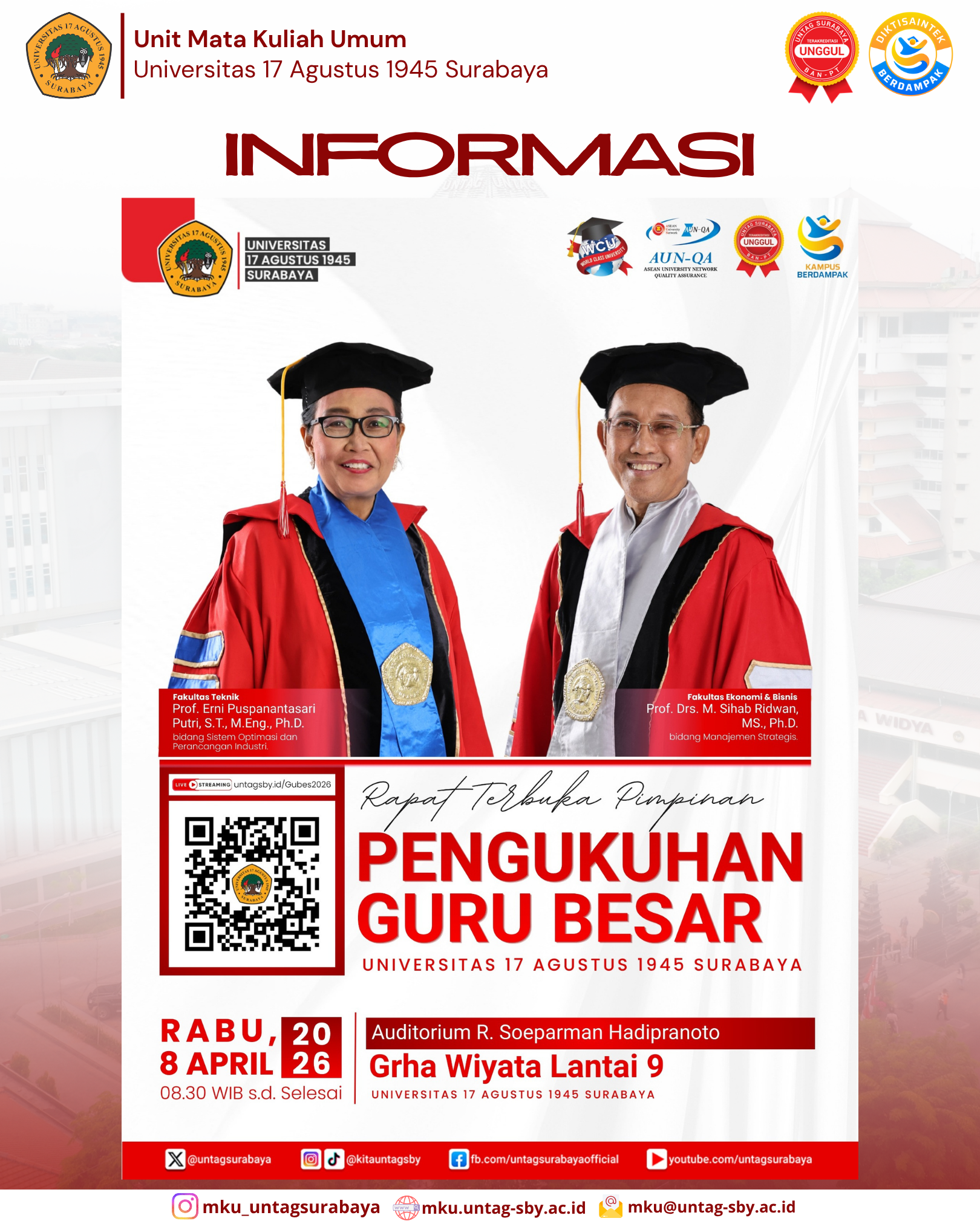 Untag Surabaya Kukuhkan Dua Guru Besar Baru di Bidang Teknik dan Ekonomi