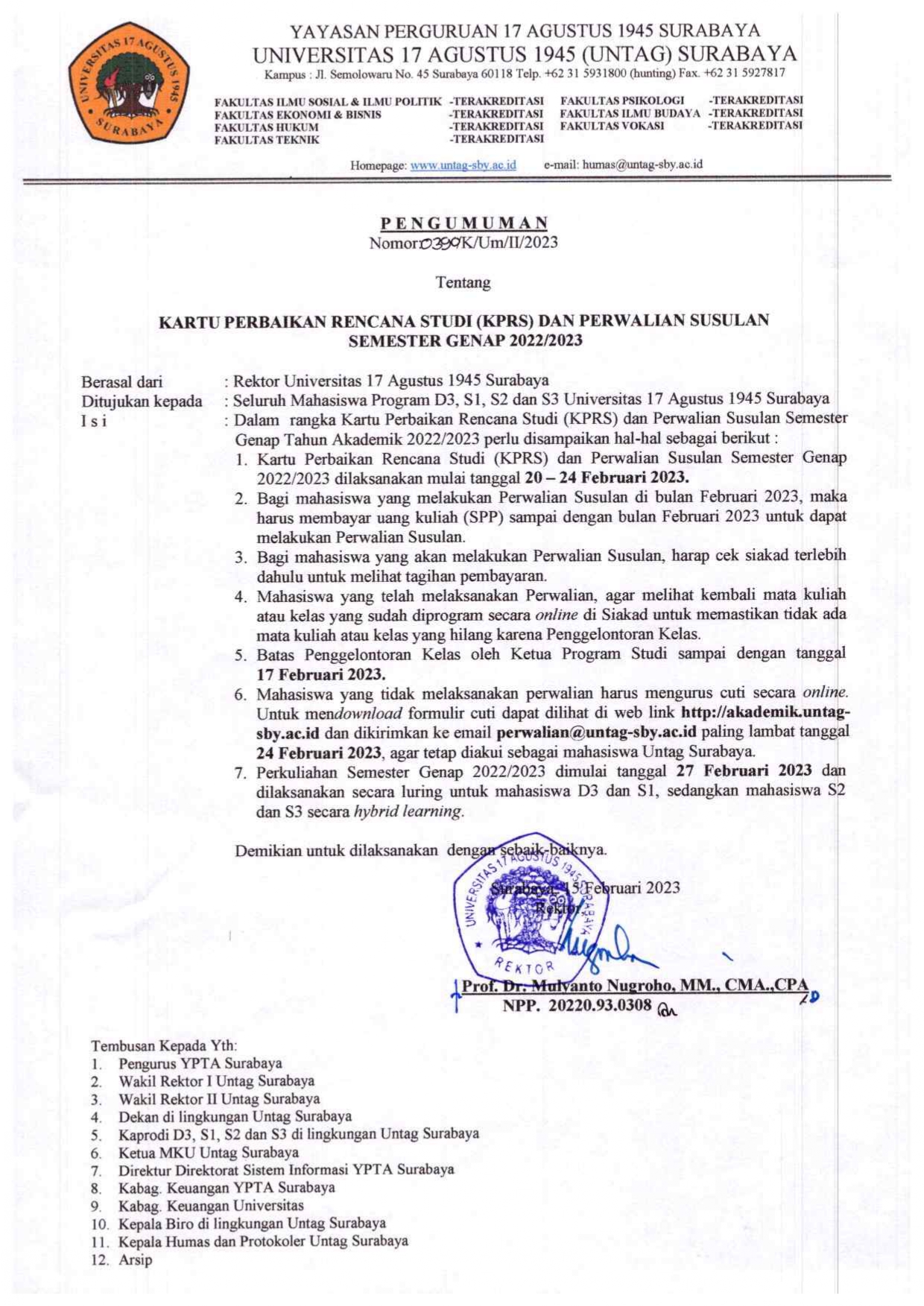 Pengumuman KPRS dan Perwalian Susulan Semester Genap 2022 2023