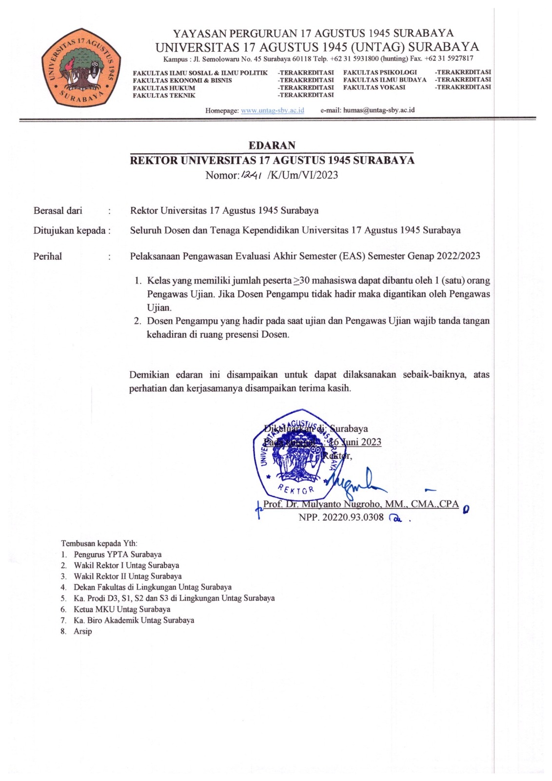 Edaran Rektor Pelaksanaan Pengawasan EAS Semester Genap 2022-2023