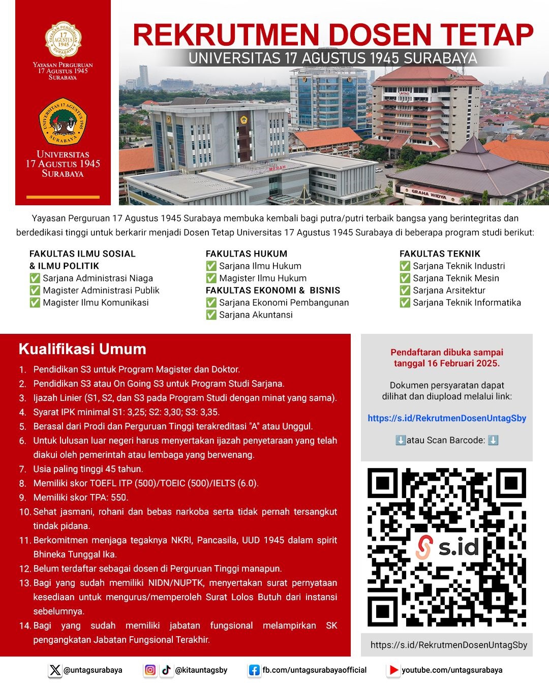 REKRUTMEN DOSEN TETAP UNTAG SURABAYA 2025