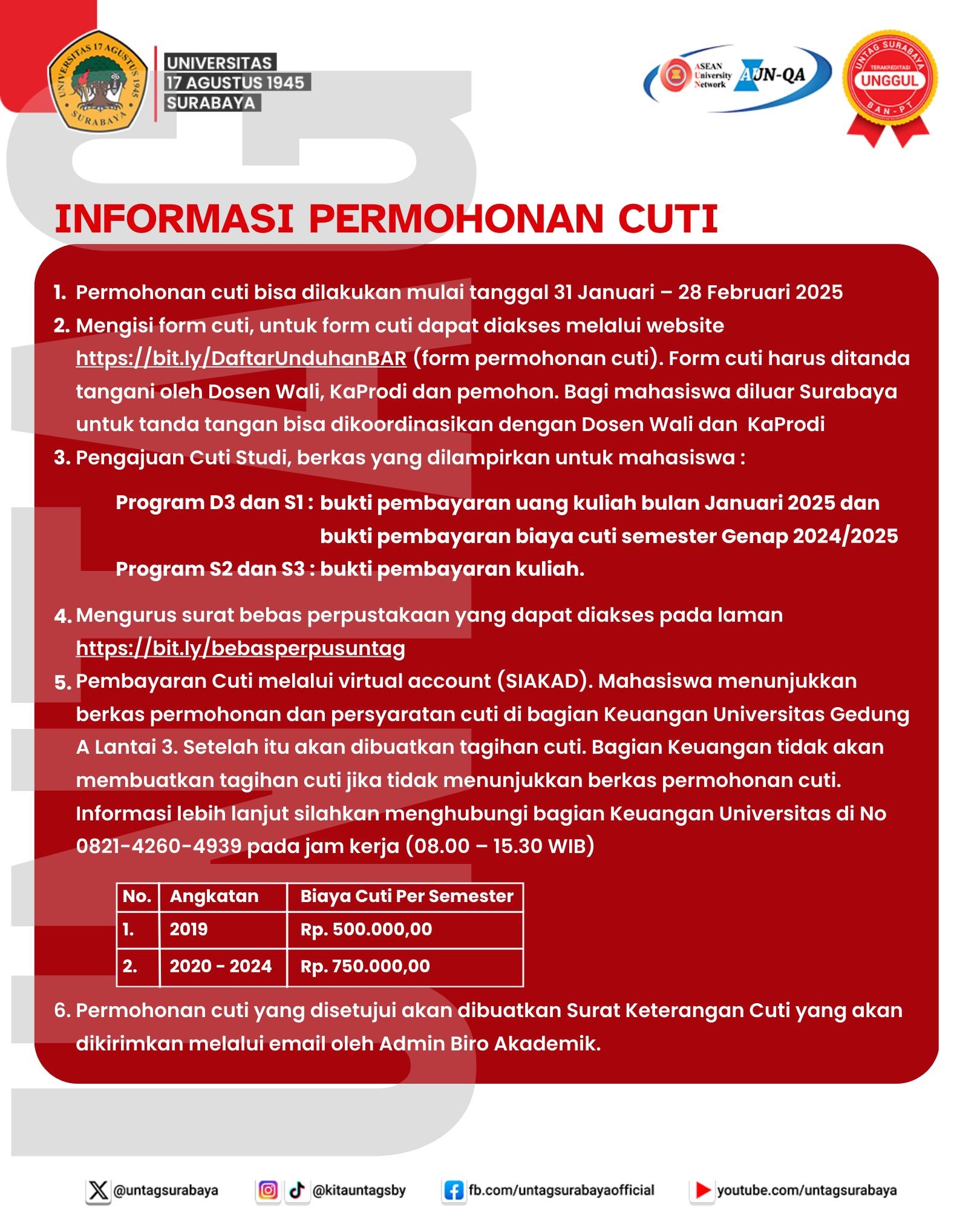 Informasi Biaya Cuti Semester Genap 2024/2025