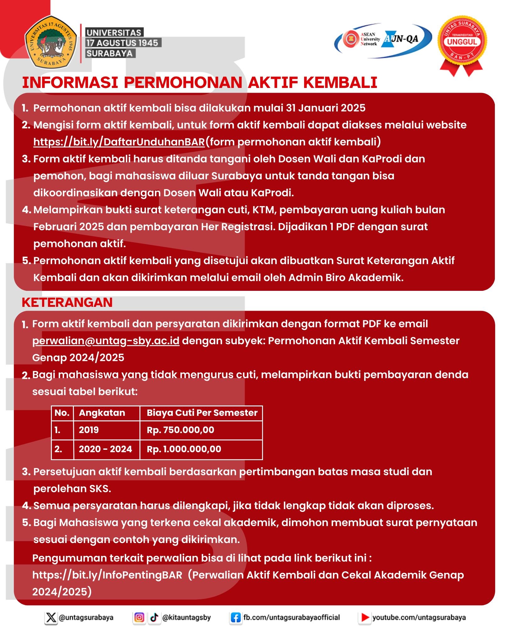 Informasi Permohonan Aktif Kembali Semester Genap 2024/2025