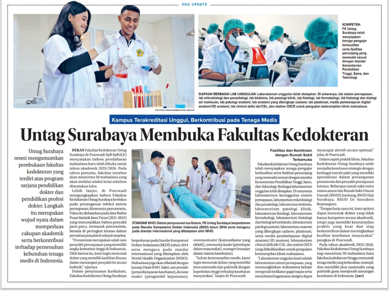 Untag Surabaya Membuka Fakultas Kedokteran