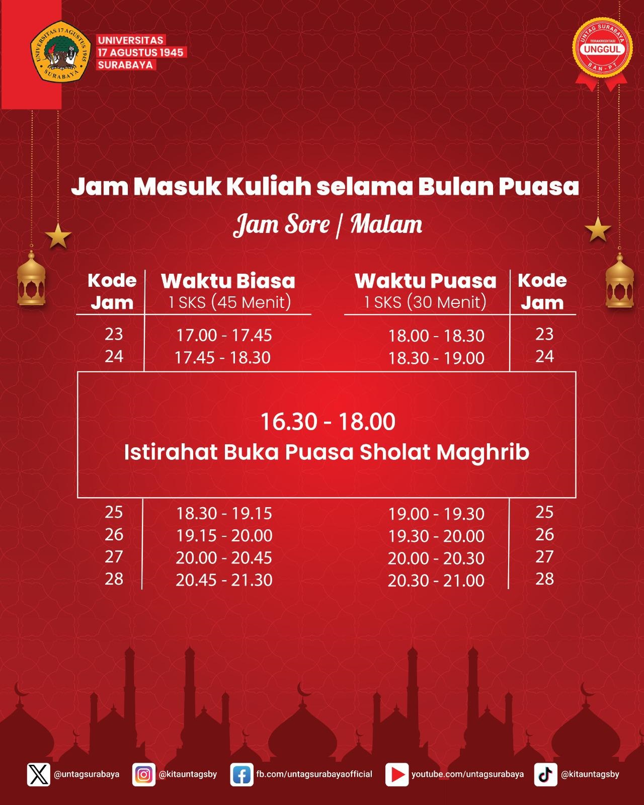 Perubahan Jam Kuliah Selama Bulan Ramadhan 2025 (Kelas Sore)